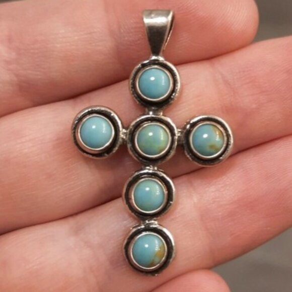 1.5" Auth Navajo Southwest 925 Silver Cross Necklace Pendant Real Turquoise 5* c - Picture 4 of 7
